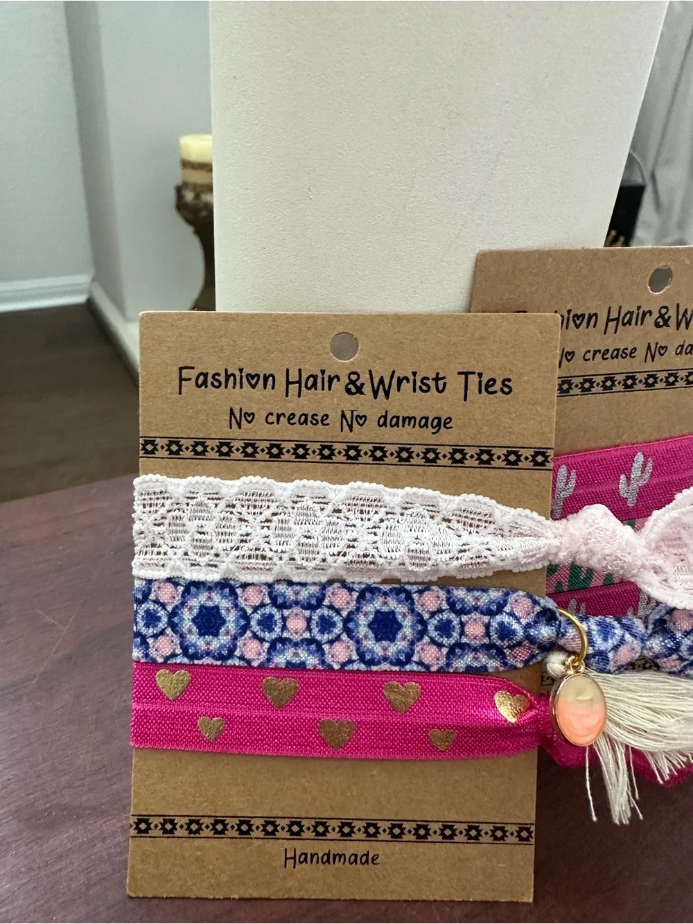 Handmade Pink & White Fashion Hair & Wrist Ties - 2 Packs of Mixed w/charms